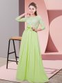 Chiffon Scoop 3 4 Length Sleeve Side Zipper Lace and Belt Quinceanera Court Dresses in Yellow Green