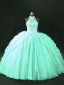 Cheap Apple Green Tulle Lace Up Halter Top Sleeveless Floor Length 15th Birthday Dress Beading