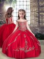 Straps Sleeveless Lace Up Kids Formal Wear Red Tulle