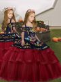 Floor Length Red Little Girl Pageant Gowns Straps Sleeveless Lace Up