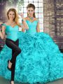 Fitting Aqua Blue Two Pieces Off The Shoulder Sleeveless Organza Floor Length Lace Up Beading and Ruffles 15 Quinceanera Dress