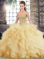 Custom Designed Gold Ball Gowns Sweetheart Sleeveless Tulle Brush Train Lace Up Beading and Ruffles Quinceanera Dress