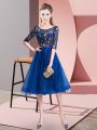 Royal Blue Tulle Lace Up Scoop Half Sleeves Knee Length Damas Dress Embroidery