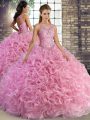 Scoop Sleeveless Lace Up Vestidos de Quinceanera Rose Pink Fabric With Rolling Flowers