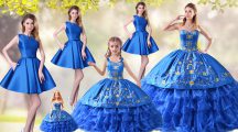 Customized Blue Lace Up Sweetheart Embroidery and Ruffled Layers Sweet 16 Quinceanera Dress Organza Sleeveless