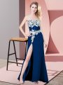 Popular Floor Length Navy Blue Evening Dress Chiffon Sleeveless Lace and Appliques