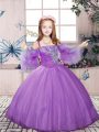 Lavender Ball Gowns Tulle Straps Sleeveless Beading Floor Length Lace Up Pageant Dress