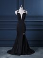 Black Sleeveless Satin Brush Train Zipper Evening Wear for Prom and Party and Military Ball