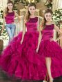 Fuchsia Sleeveless Tulle Lace Up Quinceanera Dress for Military Ball and Sweet 16 and Quinceanera