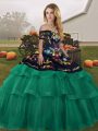 Green Off The Shoulder Lace Up Embroidery and Ruffled Layers Sweet 16 Dress Brush Train Sleeveless