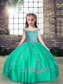 Off The Shoulder Sleeveless Little Girl Pageant Dress Floor Length Beading Turquoise Tulle