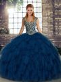 Blue Ball Gowns Straps Sleeveless Organza Floor Length Lace Up Beading and Ruffles Sweet 16 Dress
