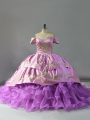Fantastic Chapel Train Ball Gowns Sweet 16 Quinceanera Dress Lavender Off The Shoulder Organza Sleeveless Lace Up