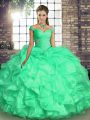 Sleeveless Organza Floor Length Lace Up 15 Quinceanera Dress in Turquoise with Beading and Ruffles