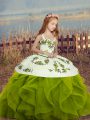 Long Sleeves Floor Length Lace Up Child Pageant Dress in Olive Green with Embroidery and Ruffles