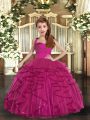 Tulle Straps Sleeveless Lace Up Ruffles Kids Pageant Dress in Fuchsia
