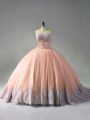 Court Train Ball Gowns 15 Quinceanera Dress Peach Sweetheart Tulle Sleeveless Lace Up