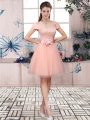 Pink Off The Shoulder Neckline Lace and Hand Made Flower Prom Evening Gown Short Sleeves Lace Up