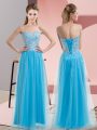 Sleeveless Tulle Floor Length Lace Up Homecoming Dress in Aqua Blue with Beading