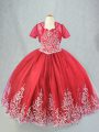 Red Sleeveless Floor Length Beading and Embroidery Lace Up Little Girl Pageant Dress
