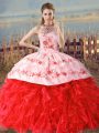 Glittering Red Organza Lace Up Quinceanera Dresses Sleeveless Floor Length Court Train Embroidery and Ruffles
