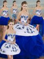 Dazzling Royal Blue Sweetheart Lace Up Embroidery and Ruffles and Bowknot Quinceanera Gown Sleeveless