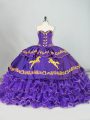 High End Purple Ball Gowns Sweetheart Sleeveless Satin and Organza Brush Train Lace Up Embroidery and Ruffled Layers Quince Ball Gowns