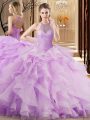 Dramatic Halter Top Sleeveless Brush Train Lace Up Quinceanera Gown Lilac Organza