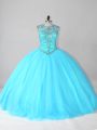 Aqua Blue Sleeveless Beading Floor Length 15th Birthday Dress