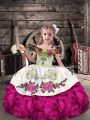 Cute Fuchsia Ball Gowns Off The Shoulder Sleeveless Organza Floor Length Lace Up Beading and Embroidery and Ruffles Pageant Gowns For Girls
