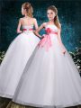 Shining White Tulle Lace Up Strapless Sleeveless Floor Length Wedding Gowns Appliques and Belt