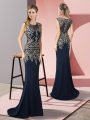 Superior Navy Blue Column/Sheath Satin Scoop Sleeveless Appliques Zipper Homecoming Dress Sweep Train