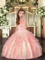 Nice Peach Backless Kids Pageant Dress Beading and Ruffles Sleeveless Floor Length