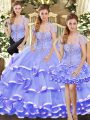 Lavender Three Pieces Beading and Ruffled Layers 15th Birthday Dress Lace Up Organza Sleeveless Floor Length