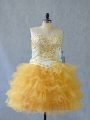 Best Selling Sweetheart Sleeveless Prom Evening Gown Mini Length Beading and Ruffles Yellow Tulle