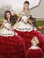 Free and Easy Wine Red Ball Gowns Off The Shoulder Sleeveless Organza Floor Length Lace Up Embroidery and Ruffled Layers Quinceanera Gown
