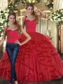 Tulle Straps Sleeveless Lace Up Ruffles 15th Birthday Dress in Red