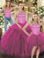 Floor Length Three Pieces Sleeveless Fuchsia Sweet 16 Dress Lace Up