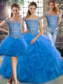 Low Price Blue Off The Shoulder Lace Up Beading and Ruffles Quince Ball Gowns Brush Train Sleeveless