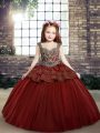 Floor Length Lace Up Little Girl Pageant Dress Red for Party and Sweet 16 and Wedding Party with Beading