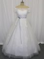 Tulle Short Sleeves Floor Length Wedding Gown and Lace and Belt