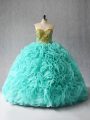 Aqua Blue Lace Up Quinceanera Gowns Beading and Ruffles Sleeveless Court Train