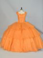 Affordable Orange Straps Lace Up Beading and Ruffled Layers and Ruching Quince Ball Gowns Sleeveless
