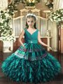 Nice Sleeveless Organza Floor Length Backless Evening Gowns in Teal with Beading and Appliques and Ruffles