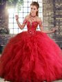 Shining Red Ball Gowns Tulle Halter Top Sleeveless Beading and Ruffles Floor Length Lace Up Quinceanera Gown