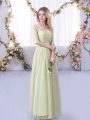 Ideal Half Sleeves Tulle Floor Length Side Zipper Wedding Party Dress in Yellow Green with Lace and Belt