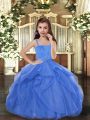 Wonderful Blue Straps Neckline Beading Girls Pageant Dresses Sleeveless Lace Up