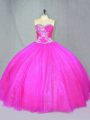 Fine Sleeveless Tulle Floor Length Lace Up 15 Quinceanera Dress in Fuchsia with Beading