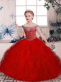 Off The Shoulder Sleeveless Kids Formal Wear Floor Length Beading and Ruffles Red Tulle