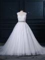 High Class Scoop Sleeveless Bridal Gown Brush Train Beading and Lace White Tulle
